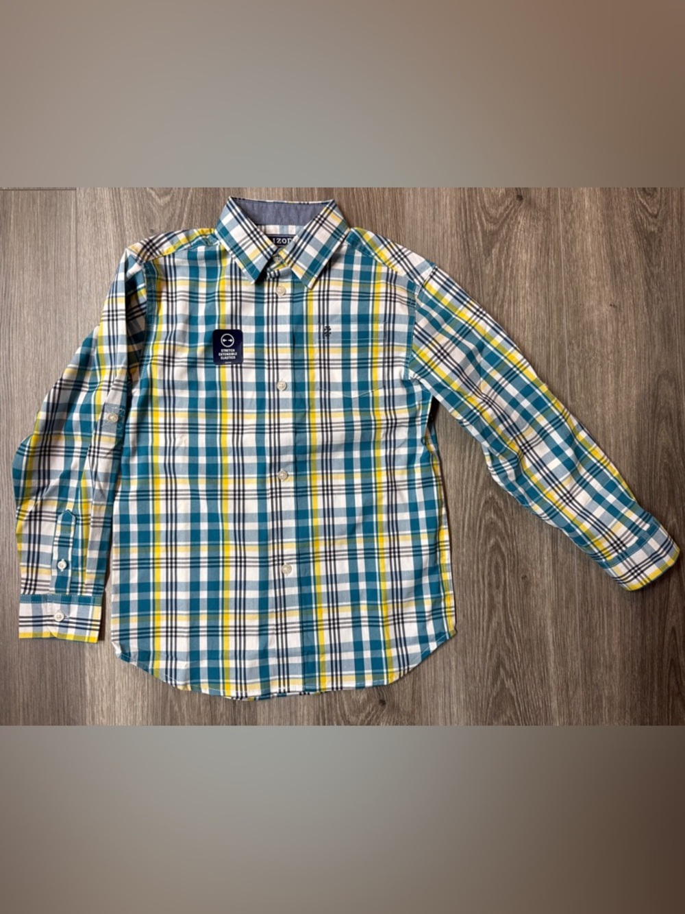 Izod Boys' Teal & Yellow Plaid Button-Down Shirt Long Sleeve XS 6/7